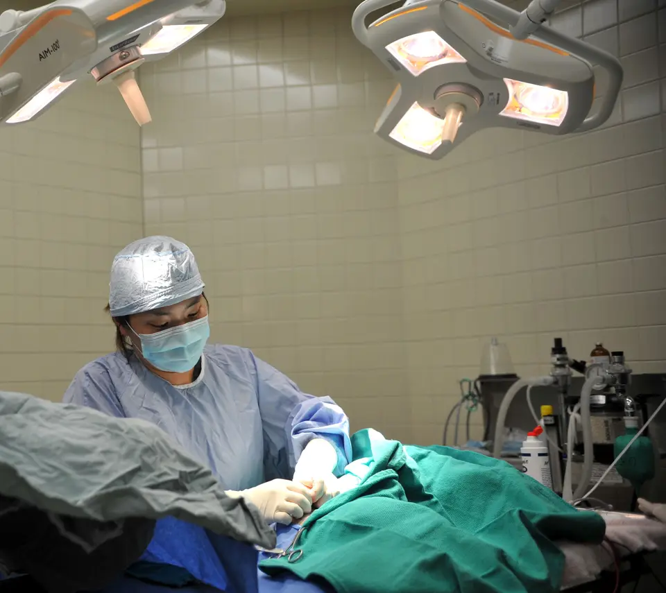 Ameliyat lambaları altında steril örtülerle hazırlanmış ameliyathane